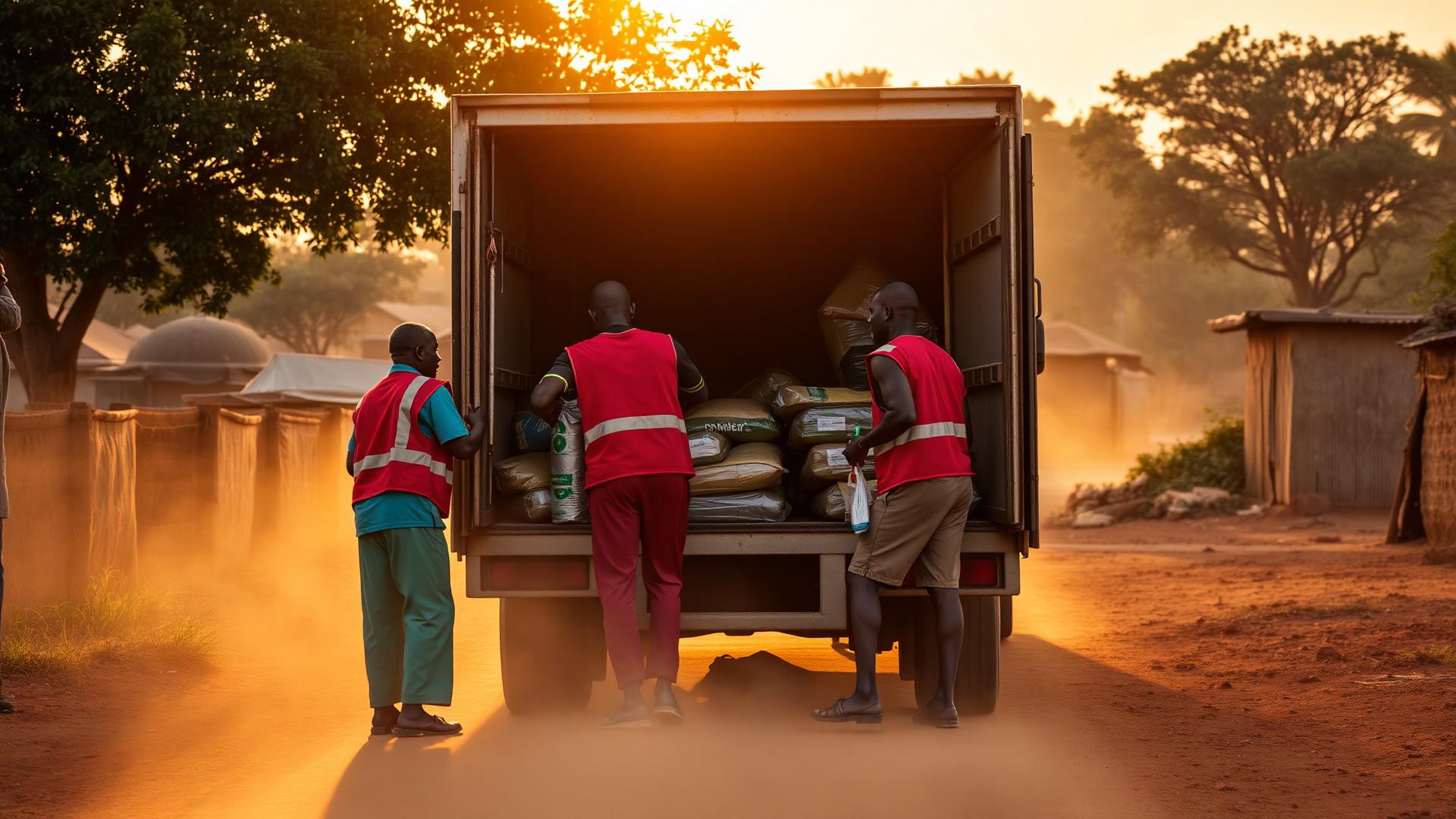 Aid workers unloading relief supplies from a truck in a rural community